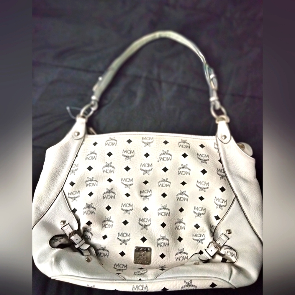 💯 Authentic MCM White Shoulder Bag with Monogram Pattern